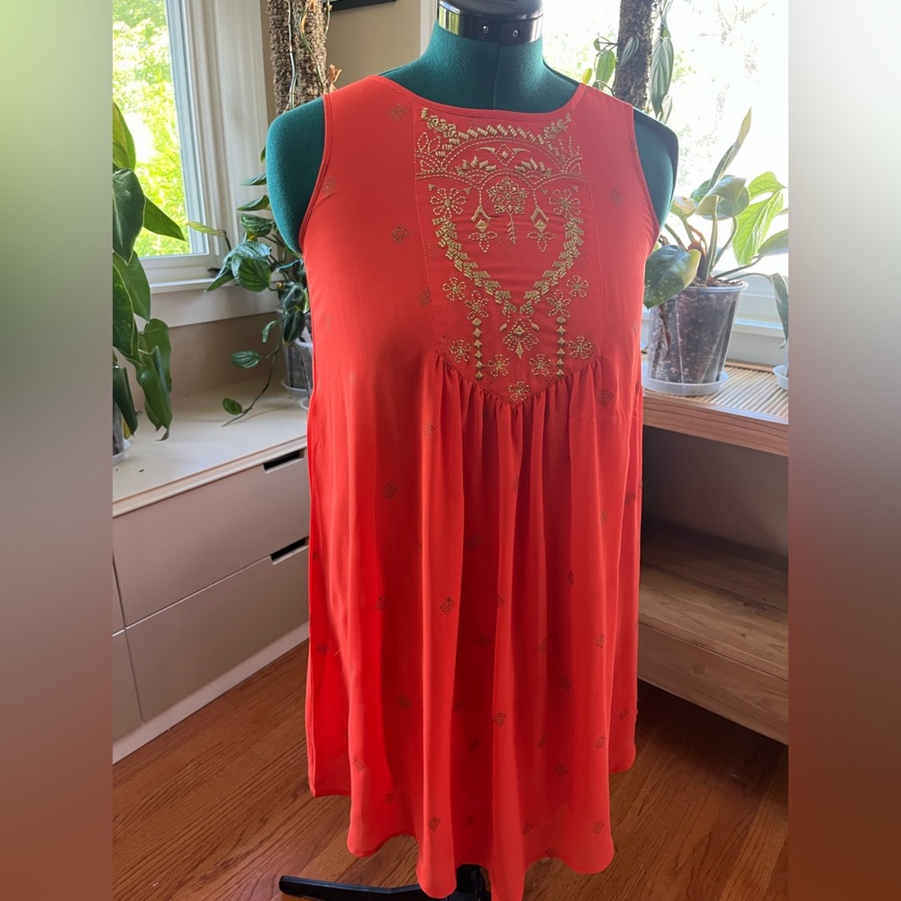 Orange S/M Global Desi swing dress with gold embroidery